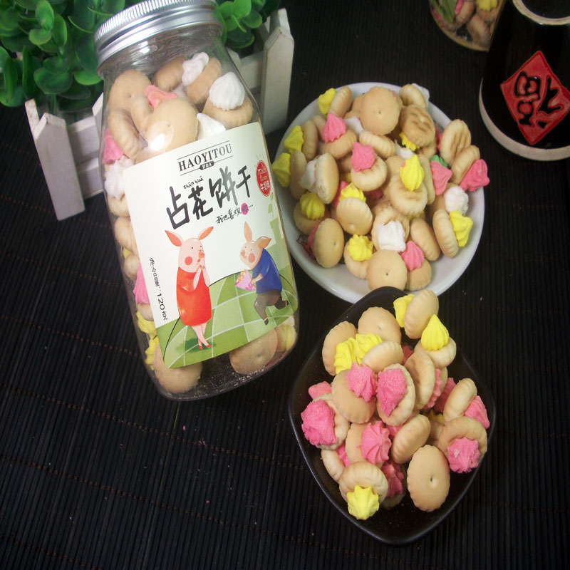儿时回忆8090后怀旧小时候经典早餐零食儿童占花饼干粘花宝塔罐装