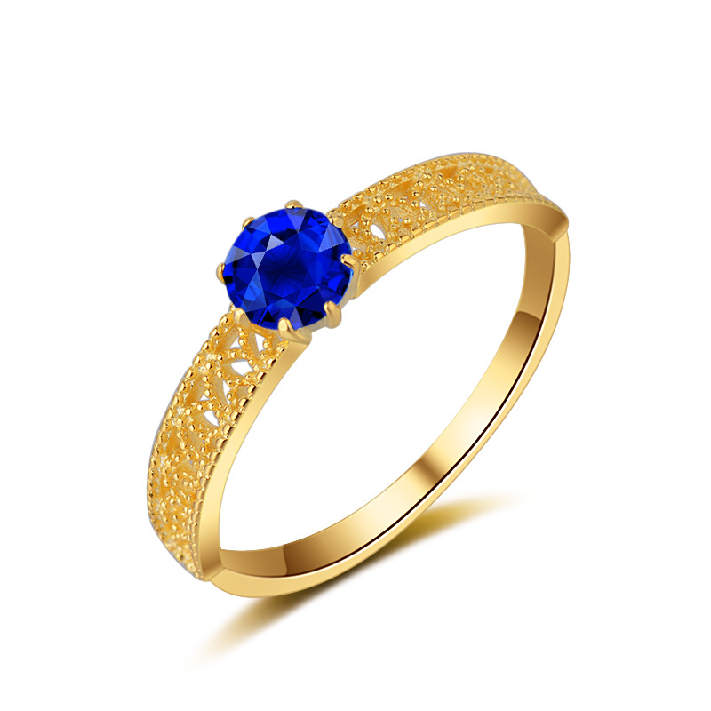 原创设计简单风格纯银925镀K黄金女款雕花滚珠镂空蓝尖晶石戒指